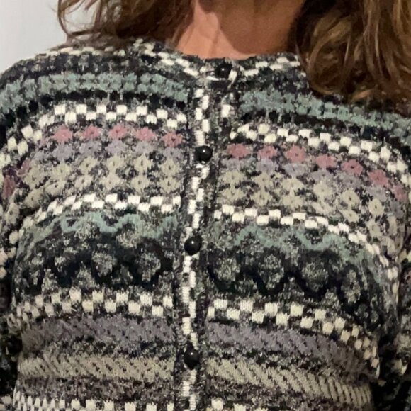 Cody Grannycore Vintage Grey Patterned Knit Button Up Cardigan Small - Picture 3 of 8